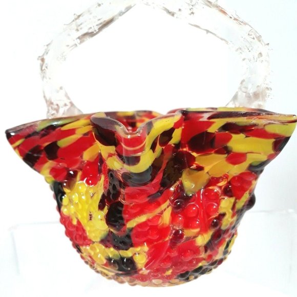 1920s Czech Art Glass Basket FRANZ WELZ Twisted Thorn Loop Red Yellow Black BOHO - Picture 5 of 12